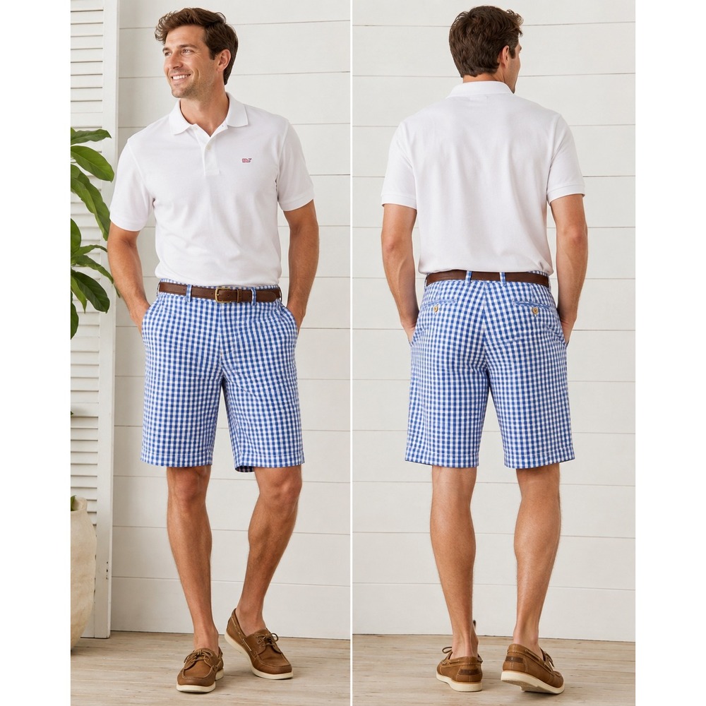 Vineyard Vines Mens Breaker Shorts Blue White Gingham Plaid Cotton Size 36 - Picture 3 of 8